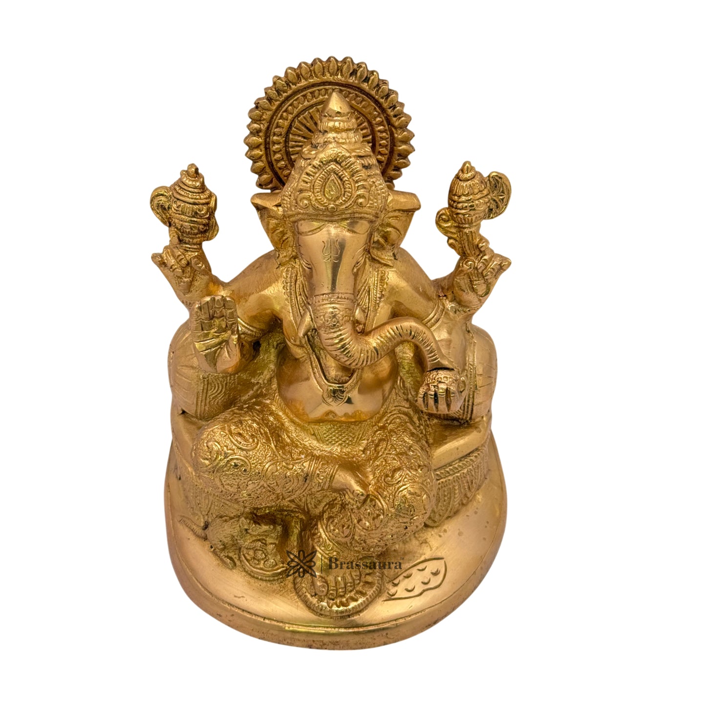 Brassaura™ Brass Golden Ganesha in Blessing Posture with Mooshak – Height 8.27 inches | Weight 2.7 kgs