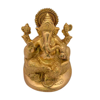 Brassaura™ Brass Golden Ganesha in Blessing Posture with Mooshak – Height 8.27 inches | Weight 2.7 kgs