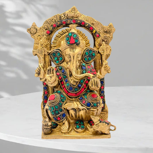Brass Ring Ganesha Statue For Home Decor Weight 1.9 Kg And Height 22 Cm