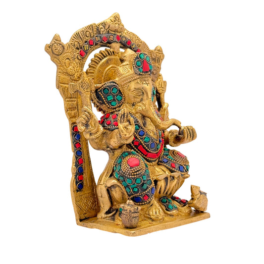 Brassaura Gemstone-Embellished Brass Ganesha Murti for Home & Temple Décor | Height 8.6 Inches