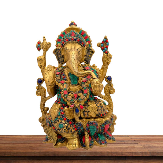 Brass Gem Stone Work Jewellery Ganesha Statue For Home Decor Weight 7 Kg And Height 33 Cm