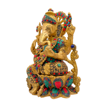 Brass Gem Stone Work Jewellery Ganesha Statue For Home Decor Weight 7 Kg And Height 33 Cm
