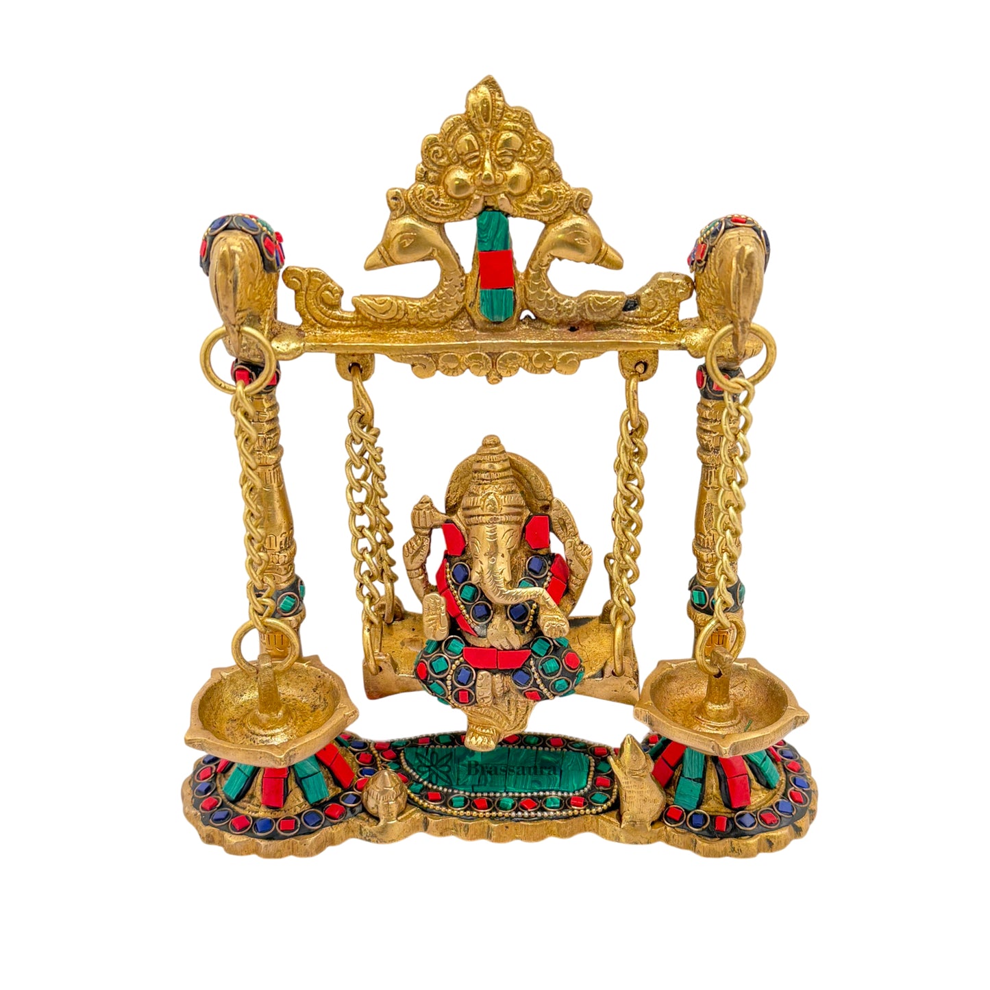 Brassaura™ Brass Gemstone Work Ganesh Jhula with Hanging Diya – Height 9.84 inches | Weight 2 kgs