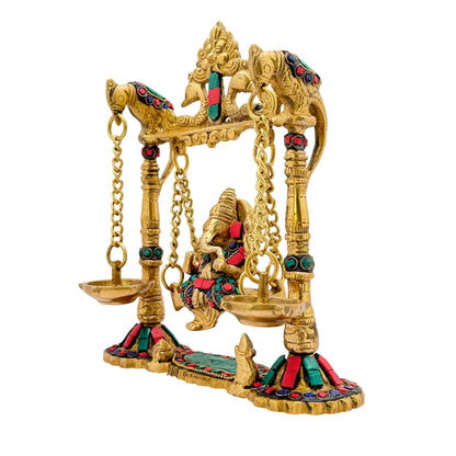 Brassaura™ Brass Gemstone Work Ganesh Jhula with Hanging Diya – Height 9.84 inches | Weight 2 kgs
