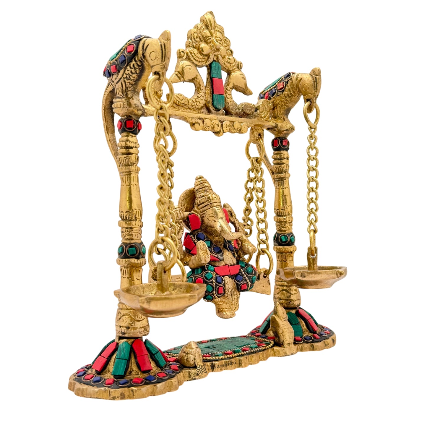 Brassaura™ Brass Gemstone Work Ganesh Jhula with Hanging Diya – Height 9.84 inches | Weight 2 kgs