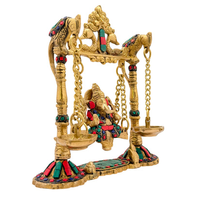 Brassaura™ Brass Gemstone Work Ganesh Jhula with Hanging Diya – Height 9.84 inches | Weight 2 kgs