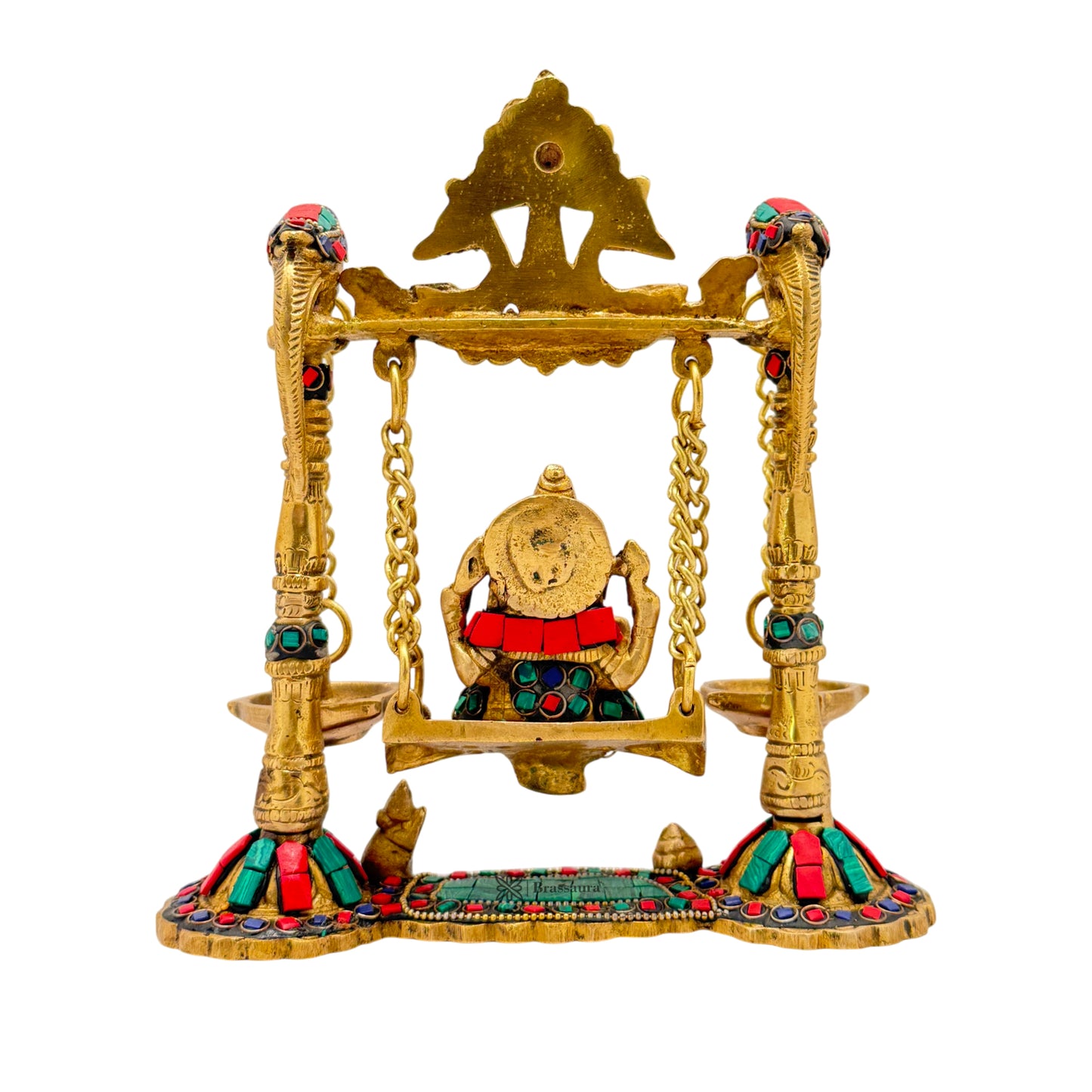 Brassaura™ Brass Gemstone Work Ganesh Jhula with Hanging Diya – Height 9.84 inches | Weight 2 kgs