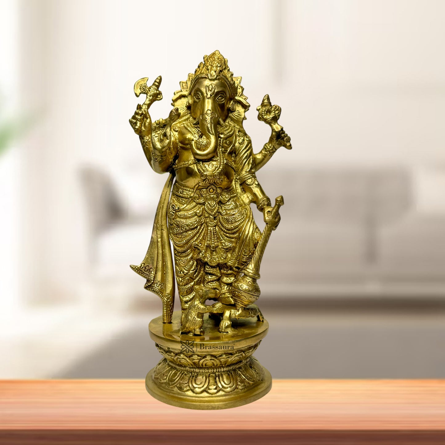 Brassaura™ Brass Standing Ganesha Murti for Home and Decor Brass Ganesh Bhagwan Statue for Pooja Ganesha Idols for Home Entrace Decor Decoration Weight 4 Kg Height 33 cm