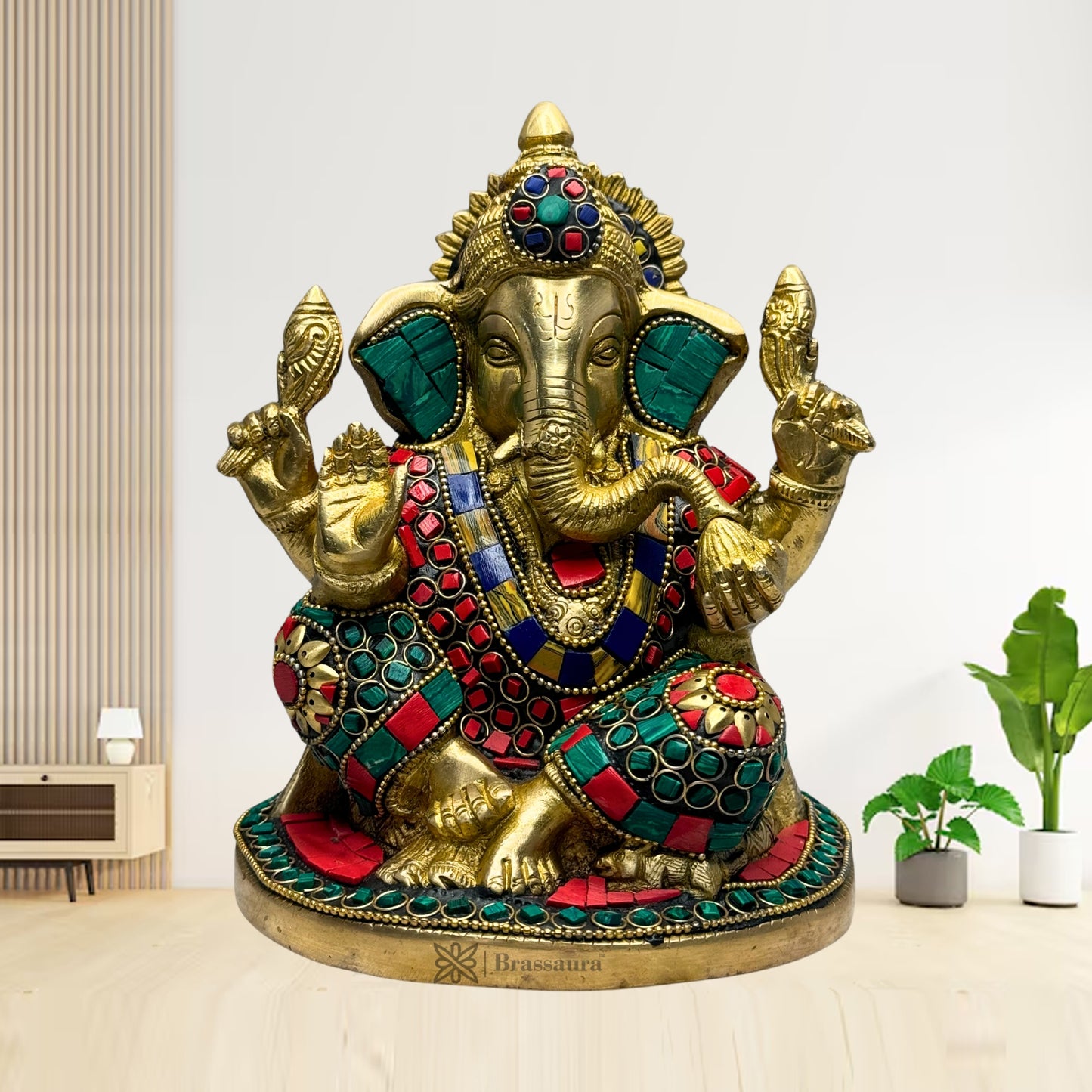 Brassaura™ Gemstone-Embellished Brass Ganesha Murti for Home & Temple Décor | Height 8.3 Inches & Weight 2.5 Kgs