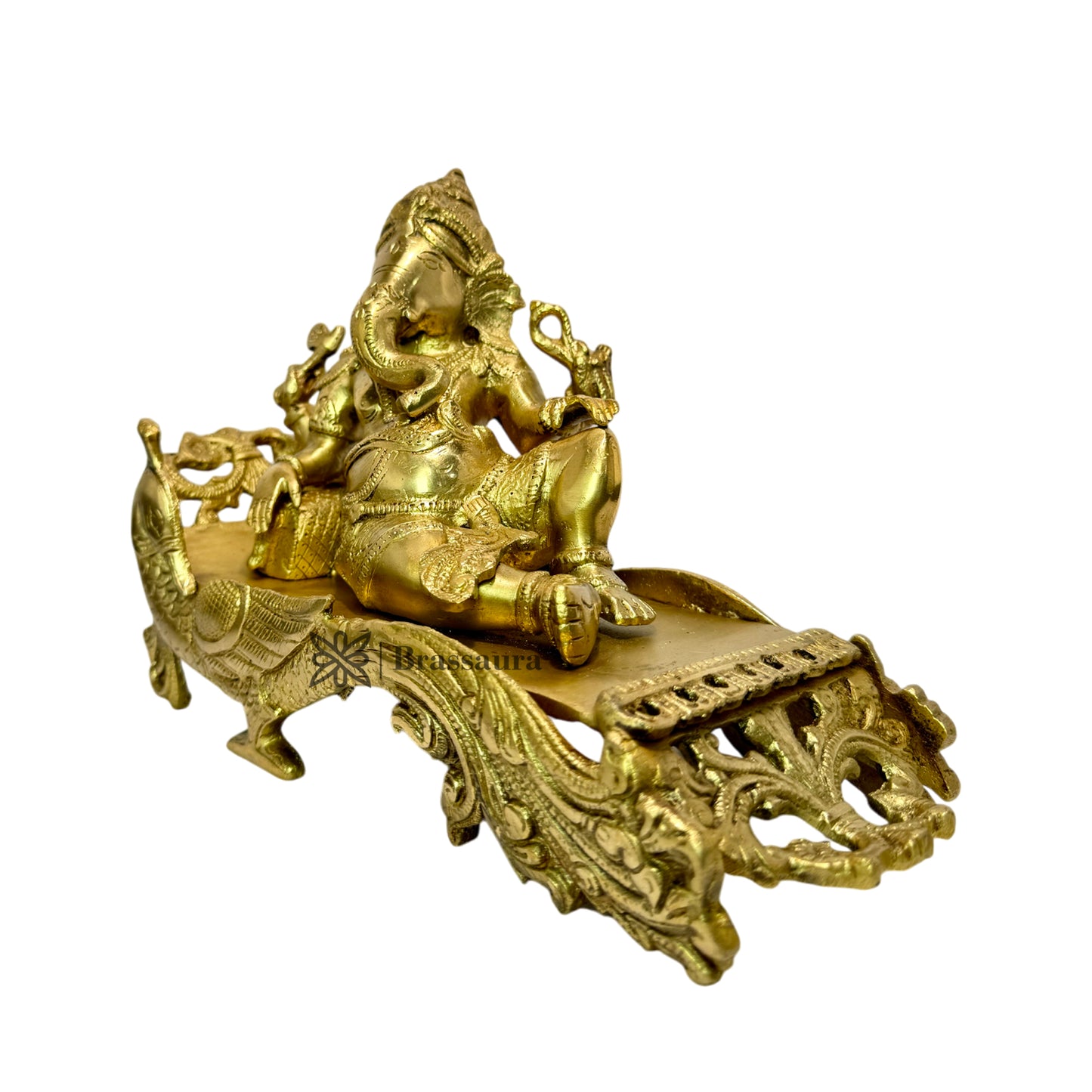 BrassAura Brass Ganesh Bhagwan Idol Resting Position Virajman Designer peacock 4 Kg Decorative Showpiece - 7.5 cm  (Brass, Gold)