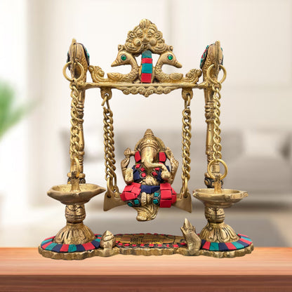 Brass Gem Stone Work Ganesha Jhula Statue For Home Decor Weight 2.3 Kg And Height 30 Cm