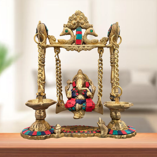 Brass Gem Stone Work Ganesha Jhula Statue For Home Decor Weight 2.3 Kg And Height 30 Cm