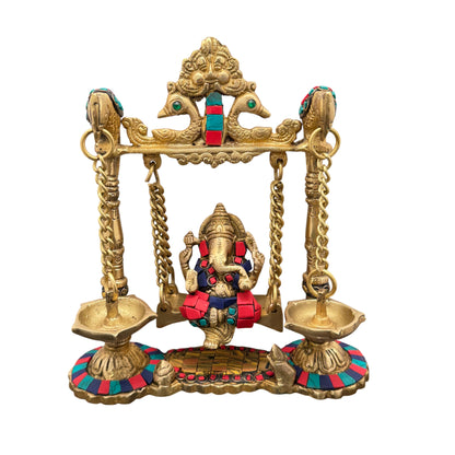 Brass Gem Stone Work Ganesha Jhula Statue For Home Decor Weight 2.3 Kg And Height 30 Cm