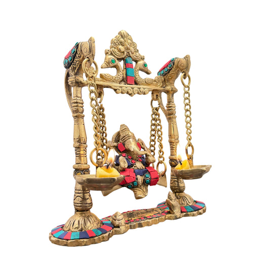 Brassaura Gemstone-Embellished Brass Ganesha Jhula for Home & Temple Décor | Height 11.8 Inches