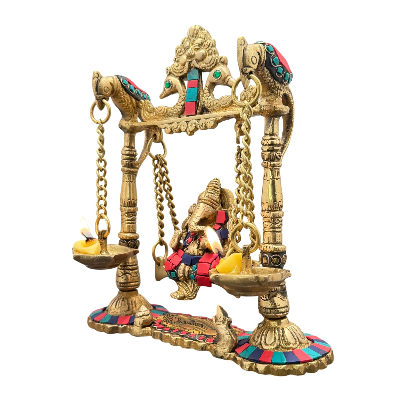 Brass Gem Stone Work Ganesha Jhula Statue For Home Decor Weight 2.3 Kg And Height 30 Cm