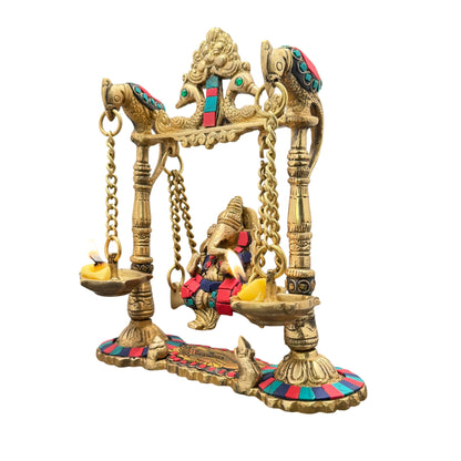 Brass Gem Stone Work Ganesha Jhula Statue For Home Decor Weight 2.3 Kg And Height 30 Cm