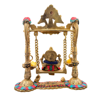 Brass Gem Stone Work Ganesha Jhula Statue For Home Decor Weight 2.3 Kg And Height 30 Cm