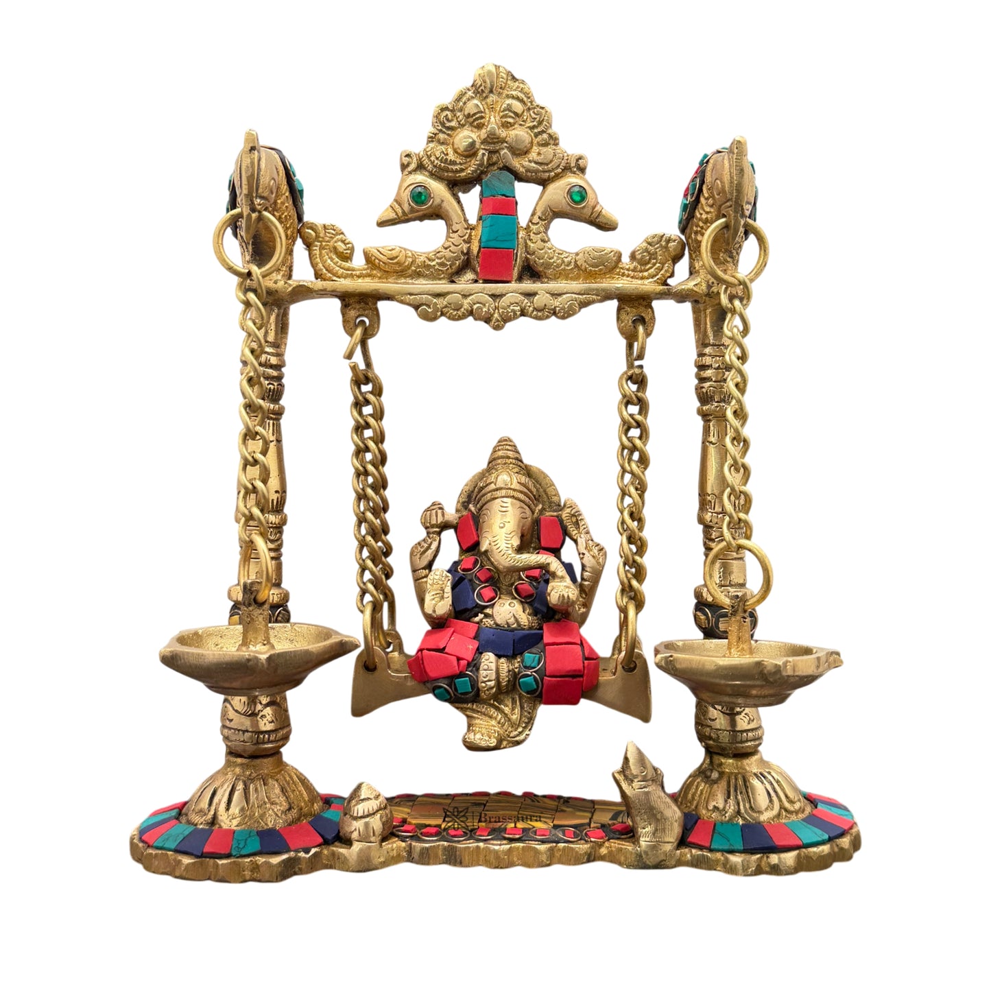 Brass Gem Stone Work Ganesha Jhula Statue For Home Decor Weight 2.3 Kg And Height 30 Cm