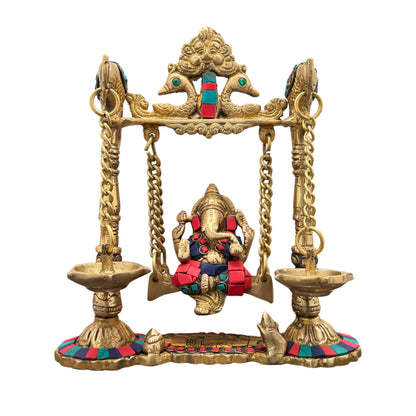 Brass Gem Stone Work Ganesha Jhula Statue For Home Decor Weight 2.3 Kg And Height 30 Cm