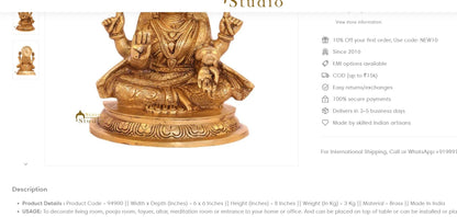 Brassaura™ Classic Brass Laxmi Statue – Height 8 Inches & Weight 3 Kgs | Puja Room Idol