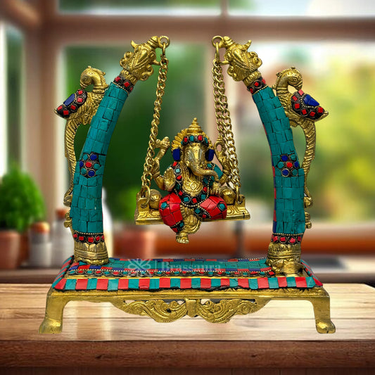 Brass Gem Stone Work Ganesha Jhula Statue For Home Decor Weight 3 Kg And Height 30 Cm