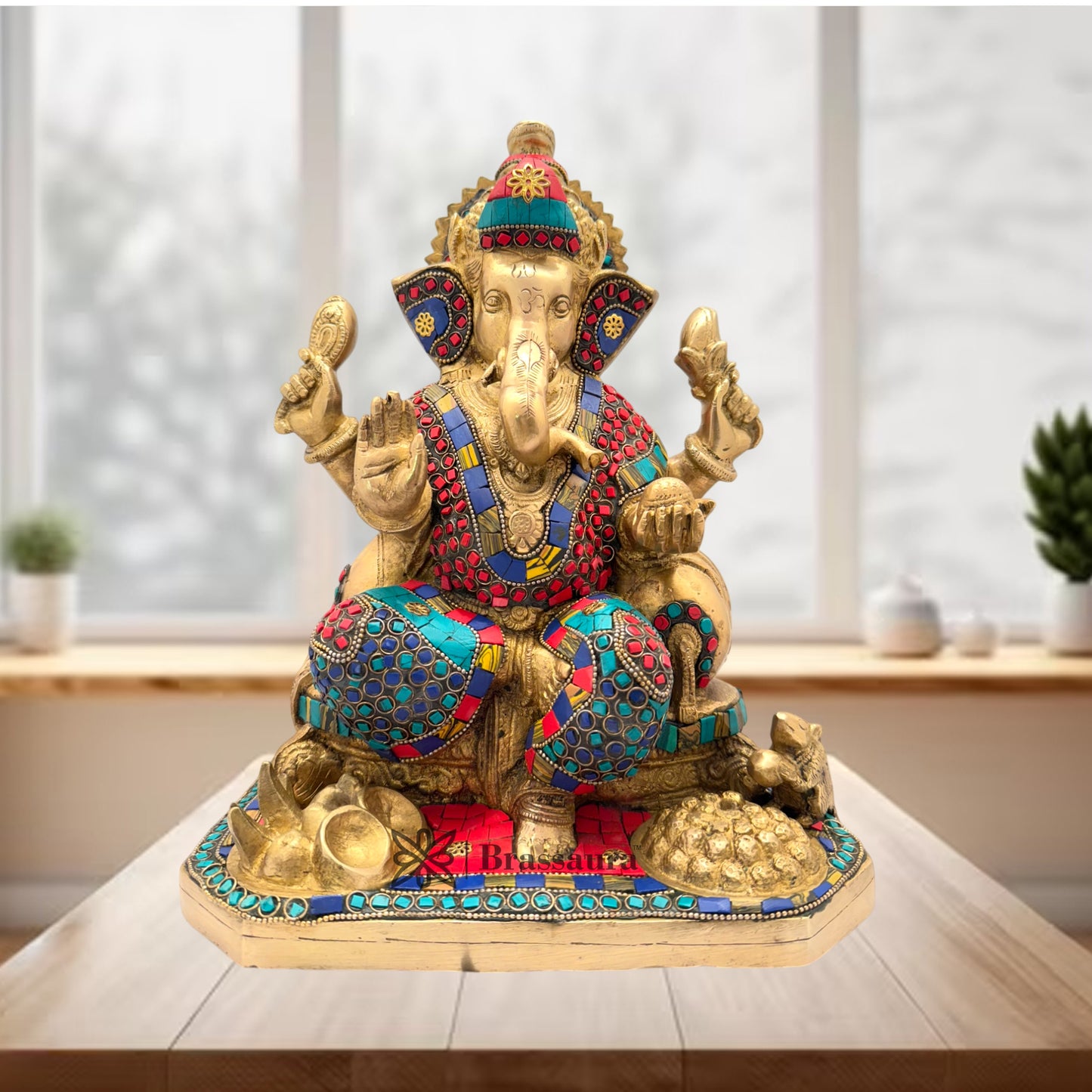 Brass Gem Stone Work Ganesha Statue For Home Decor Weight 9 Kg And Height 35 Cm