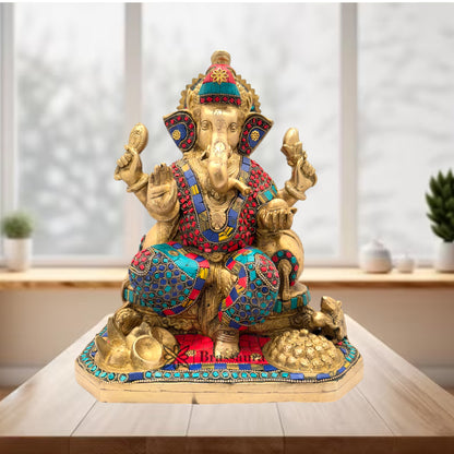 Brass Gem Stone Work Ganesha Statue For Home Decor Weight 9 Kg And Height 35 Cm