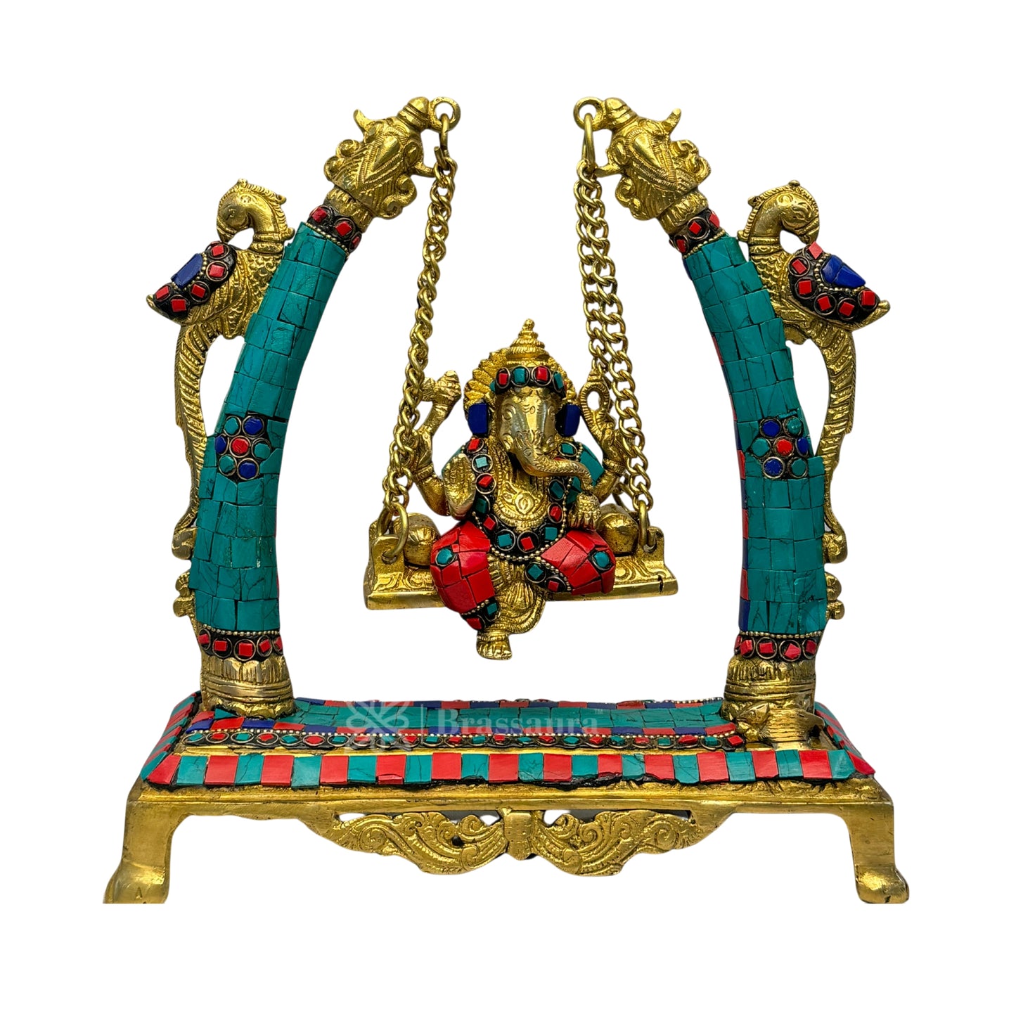 Brass Gem Stone Work Ganesha Jhula Statue For Home Decor Weight 3 Kg And Height 30 Cm
