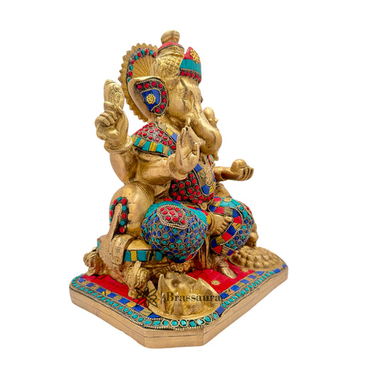 Brassaura Brass Gem Stone Work Ganesha Statue | Height 13.7 Inches