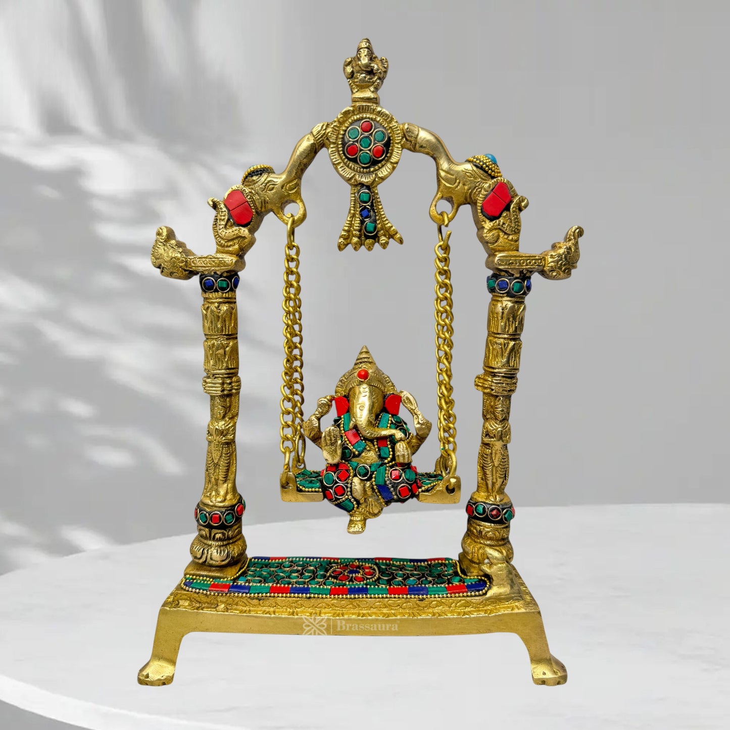 Brass Gem Stone Work Ganesha Jhula Statue For Home Decor Weight 2.5 Kg And Height 40 Cm
