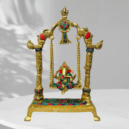 Brass Gem Stone Work Ganesha Jhula Statue For Home Decor Weight 2.5 Kg And Height 40 Cm