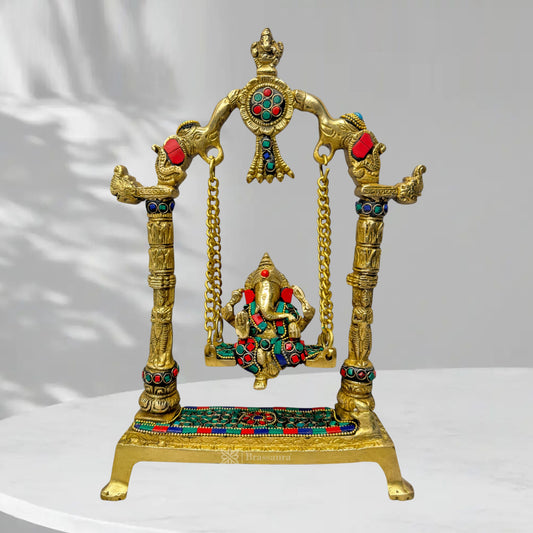 Brass Gem Stone Work Ganesha Jhula Statue For Home Decor Weight 2.5 Kg And Height 40 Cm