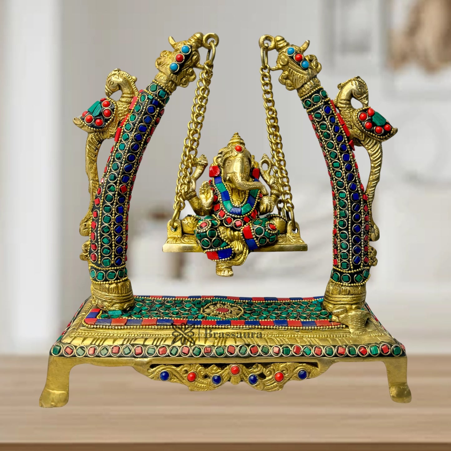 Brass Gem Stone Work Ganesha Jhula Statue For Home Decor Weight 3.3 Kg And Height 28 Cm