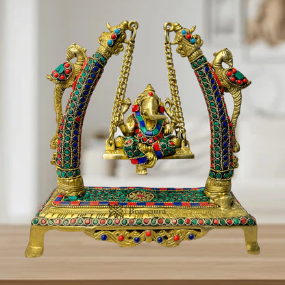 Brass Gem Stone Work Ganesha Jhula Statue For Home Decor Weight 3.3 Kg And Height 28 Cm