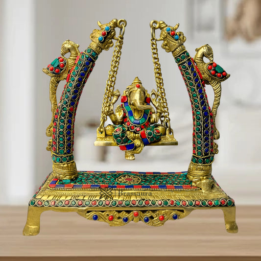 Brass Gem Stone Work Ganesha Jhula Statue For Home Decor Weight 3.3 Kg And Height 28 Cm