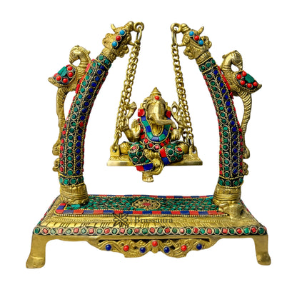Brass Gem Stone Work Ganesha Jhula Statue For Home Decor Weight 3.3 Kg And Height 28 Cm