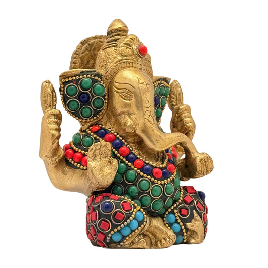 ब्रासौड़ा ब्रास जेम स्टोन वर्क अप्पू गणेश प्रतिमा घर की सजावट के लिए, ऊंचाई 16 सेमी