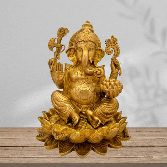 Brassaura™ Brass Lotus Ganesha Murti for Home and Decor Brass Ganesh Bhagwan Statue for Pooja Ganesha Idol for Home Entrace Decor Decoration Weight 8 Kg Height 30 cm