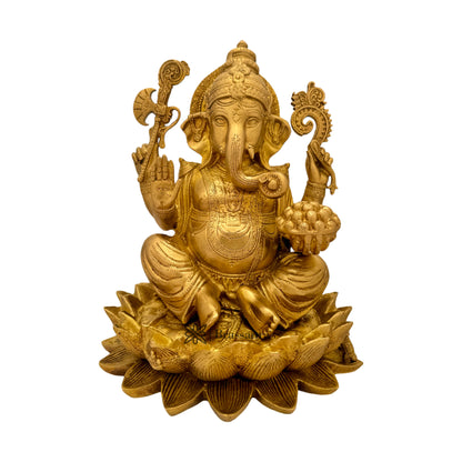 Brassaura™ Brass Lotus Ganesha Murti for Home and Decor Brass Ganesh Bhagwan Statue for Pooja Ganesha Idol for Home Entrace Decor Decoration Weight 8 Kg Height 30 cm