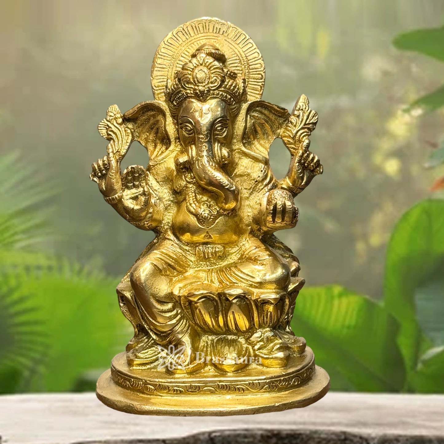 Brassaura™ Brass Lotus Ganesha Murti for Home and Decor Brass Ganesh Bhagwan Statue for Pooja Room Ganesha Idols for Home Entrace Decor Good Luck Vastu Decoration Weight 1.9 Kg Height 20 cm