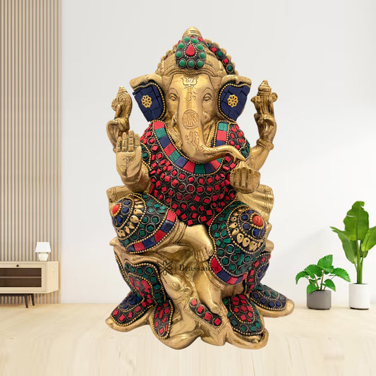 Brassaura™ Brass Multicolor Gemstone Ganesha Sitting on Lotus – Height 9.84 inches | Weight 4 kgs