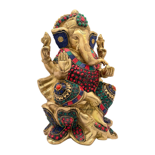 Brassaura™ Brass Multicolor Gemstone Ganesha Sitting on Lotus – Height 9.84 inches | Weight 4 kgs