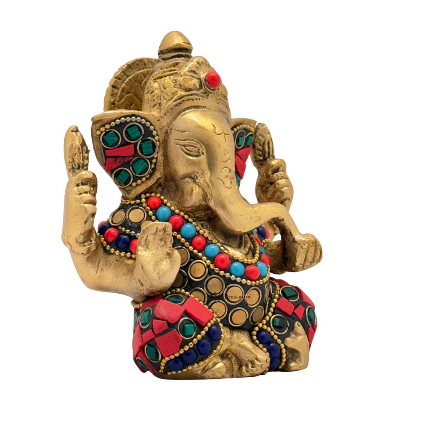 Brass Gem Stone Work Appu Ganesha Statue for Home Decor Weight 860 Gram Height 16 cm