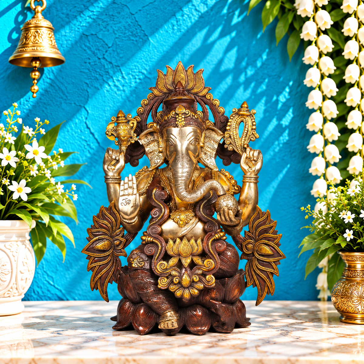 ब्रासोरा® वृंदावन वेणुगोपाल कृष्ण पीतल की प्रतिमा मोर के साथ | एंटीक नीला और सुनहरा रंग | ऊँचाई 20 इंच