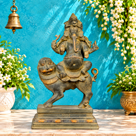 Brassaura® Ganesha Seated on Lion Idol with Antique Finish | Pure Superfine Brass Handcrafted Murti | Brass Statue for Home Temple, Pooja Room | Height 22.5 Inches | Weight 20.4 Kgs