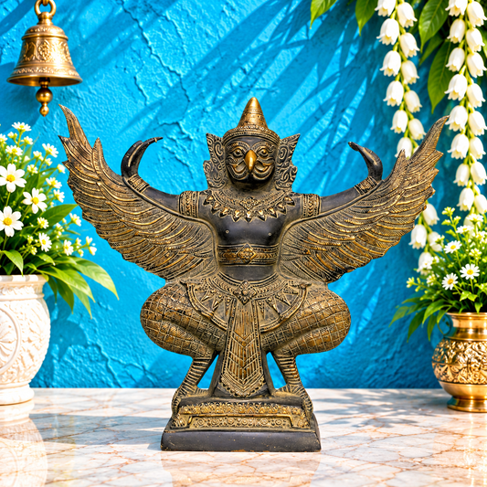 Brassaura® Garuda Brass Statue with Antique Finish | Divine Vehicle of Lord Vishnu | Height 12 Inches & Weight 6.6 Kgs