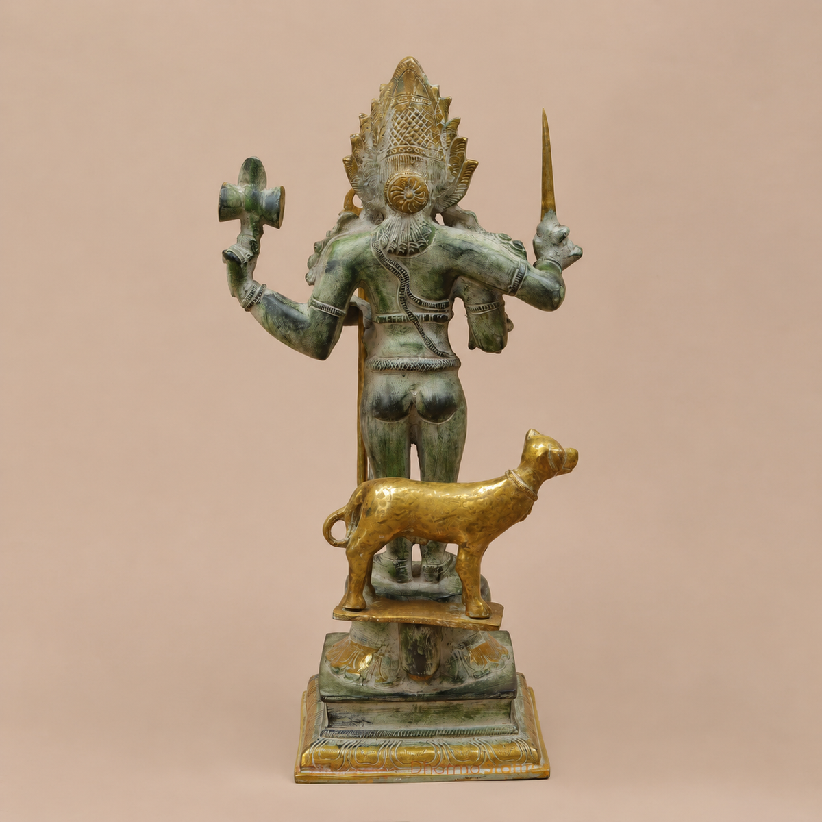 Brassaura® Lord Bhairava Standing Idol with Green & Golden Patina Finish | Pure Superfine Brass Handcrafted Murti | Brass Statue for Home Temple, Pooja Room | Height 17.5 Inches | Weight 8.32 Kgs