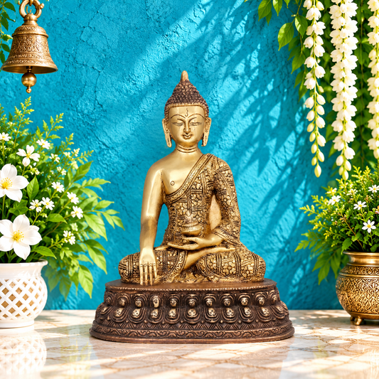 Brassaura® Lord Buddha Statue in Bhumisparsha Mudra with Two-Tone Antique Finish | Pure Superfine Brass Handcrafted Murti | Brass Statue for Home Temple, Pooja Room | Height 11 Inches | Weight 4.3 Kgs
