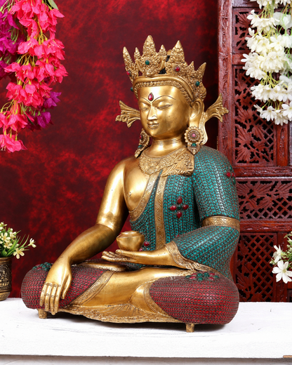 Brassaura® Buddha Crown Bhumisparsha Mudra Idol with Golden & Multi-Color Inlay Finish | Pure Superfine Brass Handcrafted Murti | Brass Statue for Home Temple, Pooja Room | Height 22 Inches | Weight 23.78 Kgs