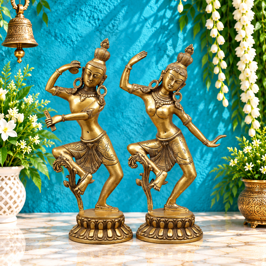 Brassaura® Traditional Dancing Couple Statue Pair with Antique Golden Finish | Pure Superfine Brass Handcrafted Murti | Brass Statue for Home Temple, Pooja Room | Height 17 Inches | Weight 8 Kgs